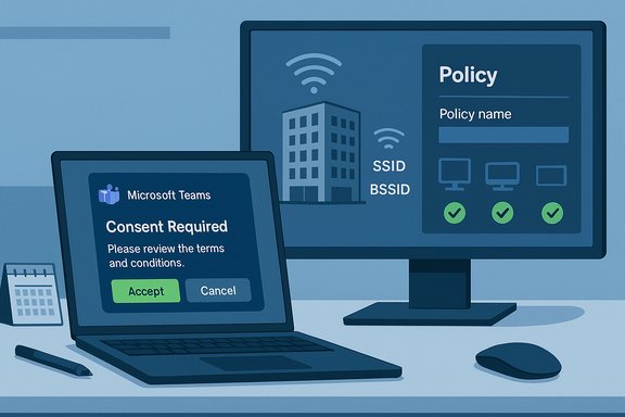 Desk setup with a laptop showing Consent Required for Microsoft Teams and a monitor displaying a policy screen.