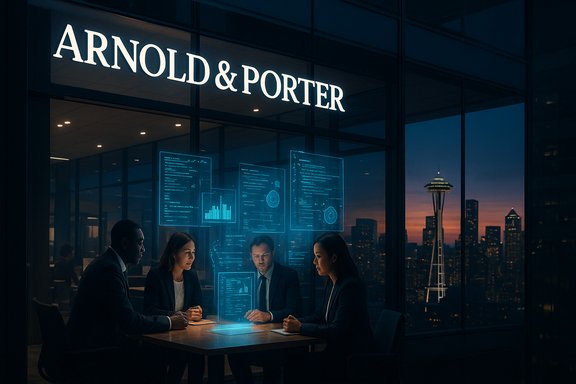Arnold & Porter lawyers review holographic data in a glass-walled conference room overlooking Seattle.