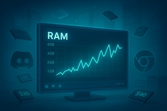 Glowing monitor displays a RAM usage chart with a rising blue line.