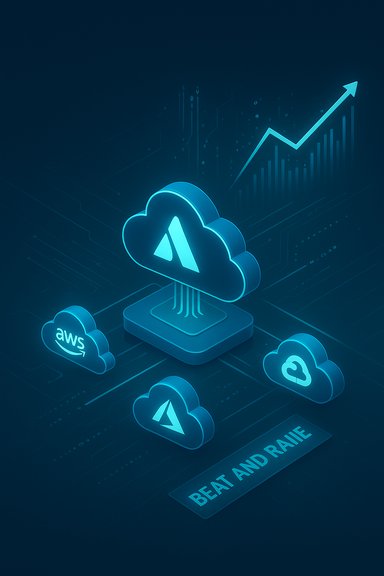 Neon blue cloud network featuring Azure and AWS icons with a rising growth arrow. Neon blue cloud network featuring Azure and AWS icons with a rising growth arrow.