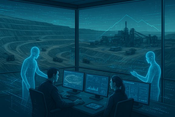 In a high-tech control room, holographic figures monitor an open-pit mine via multiple screens.