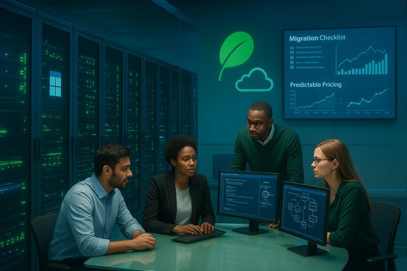 A diverse team analyzes dashboards in a data center, planning migration with charts.