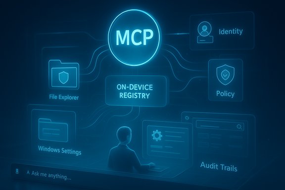 Futuristic blue UI shows a glowing MCP hub connecting the on-device registry to system modules.