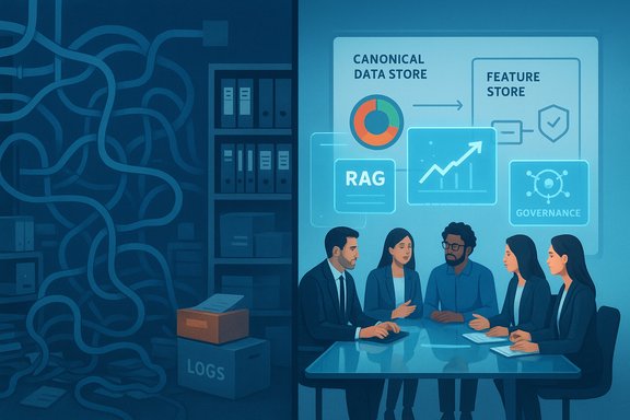 A team discusses data governance and analytics using dashboards in a boardroom.