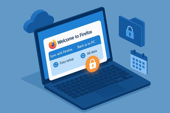 Laptop showing Firefox welcome/setup screen with cloud and security icons.