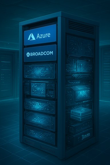 Blue-lit server rack in a data center, branded with Azure and Broadcom.
