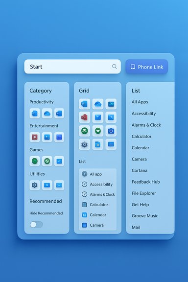 A blue, futuristic desktop UI showing a Start search bar, Phone Link tile, and three columns of app categories.