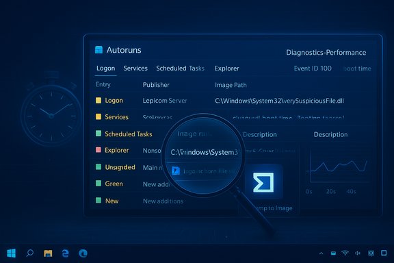 Blue-tinted Autoruns diagnostics panel showing startup entries with a magnifying glass.