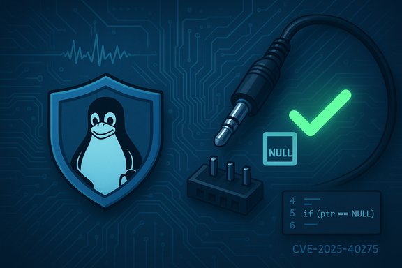 Linux security shield on a circuit board with NULL check and CVE-2025-40275.
