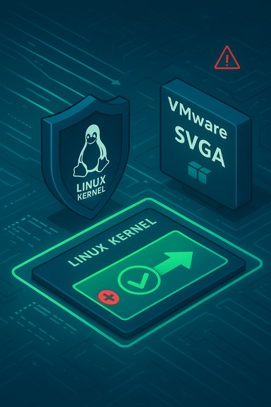 Futuristic illustration of a Linux kernel shield, VMware SVG A tile, and a green Linux Kernel approval panel.