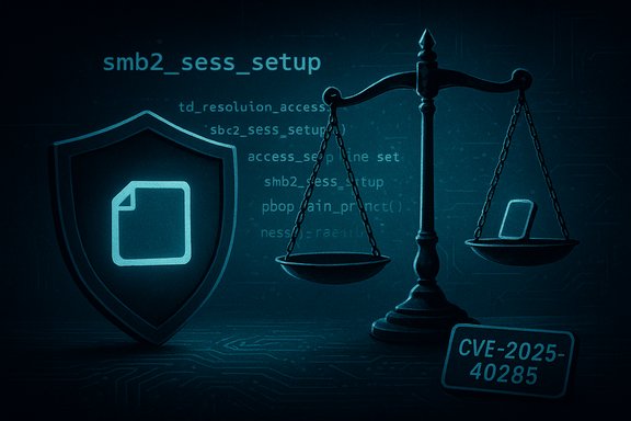 Cybersecurity concept art with shield, scales, and CVE-2025-40285.