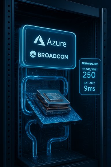 Neon-blue Azure Broadcom server rack with glowing signage and performance metrics.