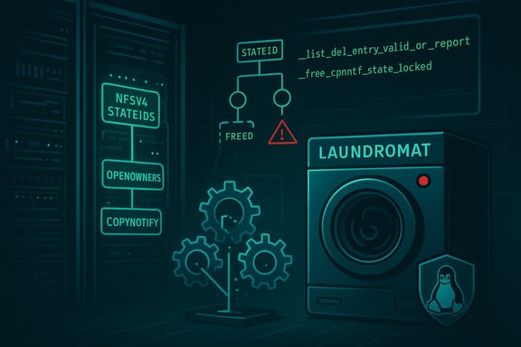 Futuristic server schematic showing NFSv4 stateids and openowners beside a Laundromat washer with a Linux shield.
