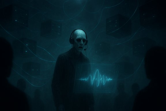 Pale, bald figure with a headset monitors a glowing waveform in a dark, foggy data room.