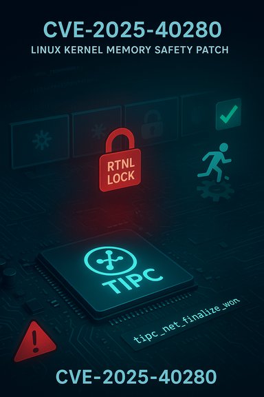 CVE-2025-40280: Linux kernel memory safety patch, featuring RTNL lock and TIPC chip imagery.