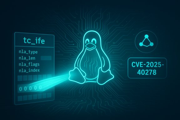 Neon cyber-tech scene with a glowing Tux penguin amid circuit traces and CVE-2025-40278.