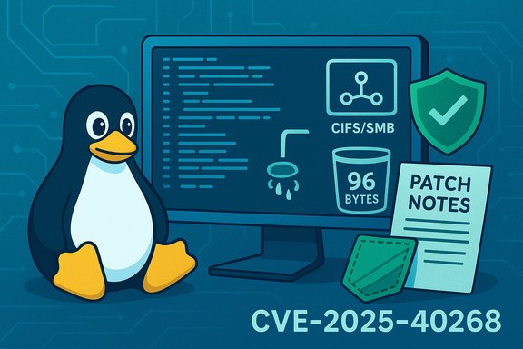 Tux the penguin sits beside a monitor displaying code and patch notes for CVE-2025-40268.