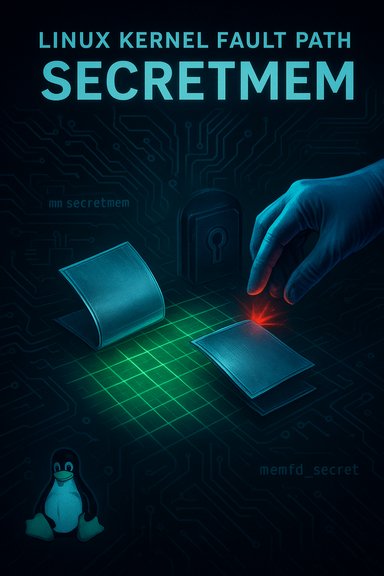 Linux-themed artwork of a gloved hand triggering 'SecretMem' memory cells on a neon circuit grid.