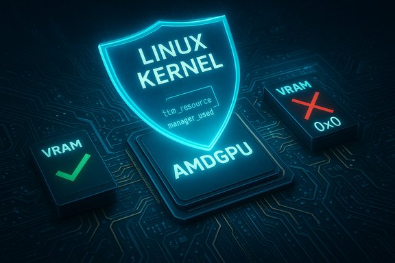 Glowing Linux kernel shield above an AMDGPU chip, with VRAM check and cross marks.