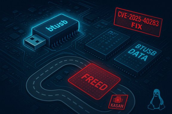 Circuit-board illustration showing a CVE-2025-40283 fix for BTUSB with KASAN, featuring the Linux penguin.