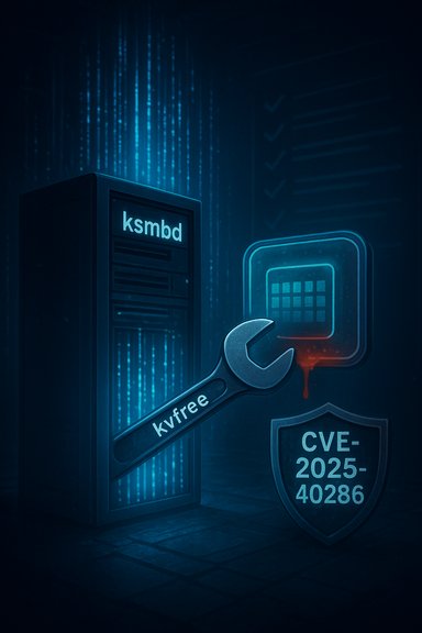 A ksmbd server undergoing a patch, with a wrench and CVE-2025-40286 shield.