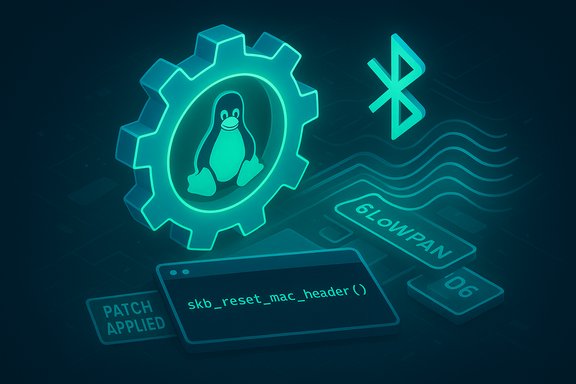 Glowing Linux penguin inside a gear; PATCH APPLIED, skb_reset_mac_header, Bluetooth and 6LoWPAN theme.
