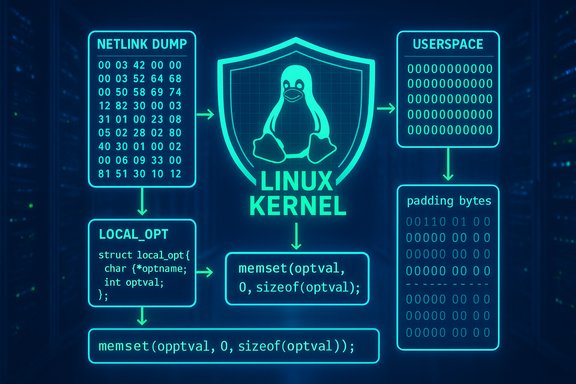 Neon diagram of the Linux kernel showing data flow between netlink dump, userspace, and memory.