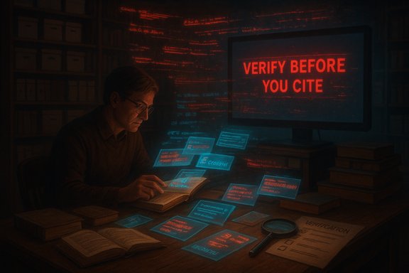 A researcher verifies citations, surrounded by glowing holographic notes and a “Verify Before You Cite” screen.
