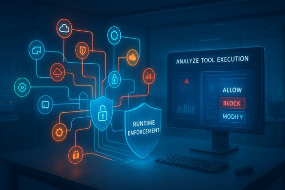 Neon cybersecurity display featuring runtime enforcement shield and tool-execution controls.