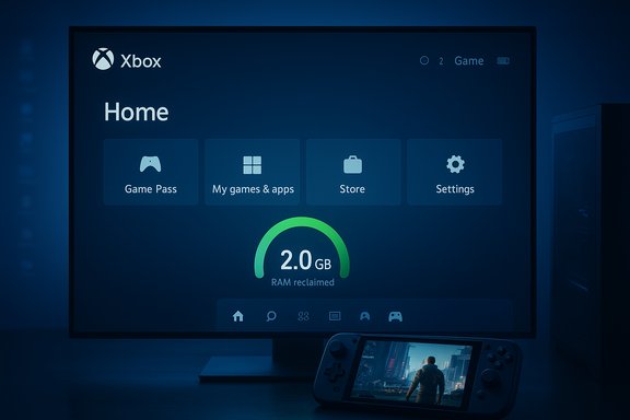 Xbox Home dashboard on a monitor featuring Game Pass, My games & apps, Store, and Settings.