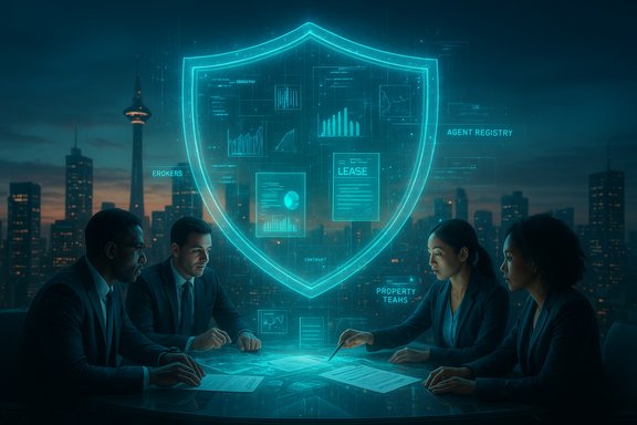 Four professionals study lease data on a glowing holographic shield in a city skyline boardroom.