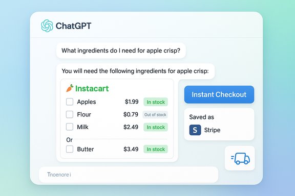 ChatGPT-style UI showing apple crisp ingredients with Instacart items and Instant Checkout.