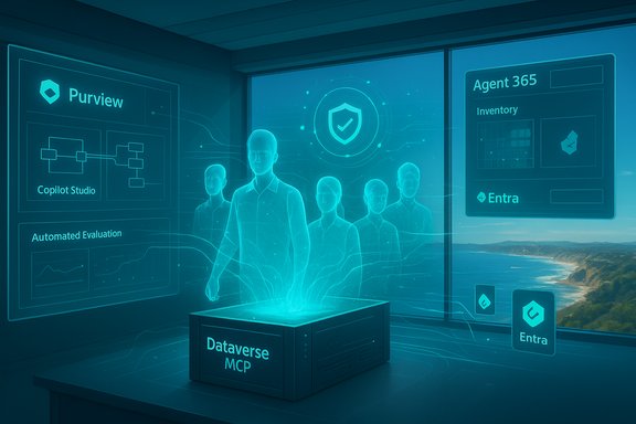 A futuristic holographic data lab with blue UI panels, a Dataverse MCP console, and translucent figures.