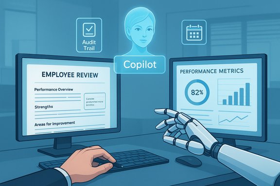 Human and robotic Copilot review employee performance on dual monitors.