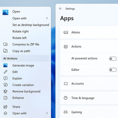 Split-screen UI showing a file actions menu on the left and Apps settings on the right.