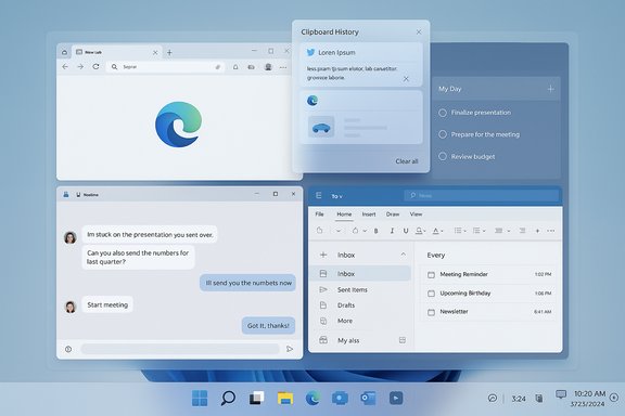 Windows 11 desktop with multiple overlapping app windows (Edge, chat, clipboard, tasks, calendar).