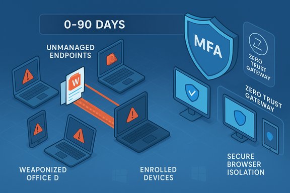 Infographic showing 0-90 days to secure unmanaged endpoints with MFA and zero-trust gateway.