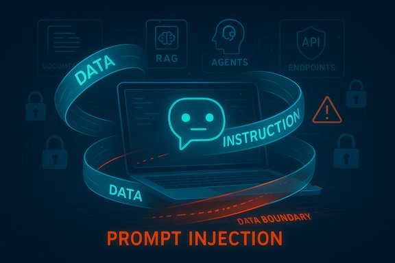 Prompt injection risk depicted as data boundary rings around a laptop and chat bubble.