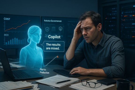 A stressed man reviews mixed Copilot results displayed on holographic dashboards.