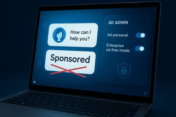 Laptop screen shows ad-block controls and a crossed-out 'Sponsored' badge. Laptop screen shows ad-block controls and a crossed-out 'Sponsored' badge.