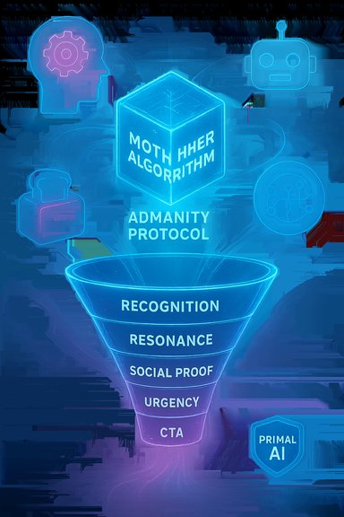 Neon blueprint of the Mother Algorithm cube above an Admanity Protocol funnel (Recognition to CTA) with AI icons.