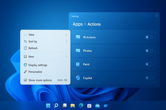 Windows 11 Settings: Apps > Actions with toggles for AI Actions, Photos, Paint and Copilot.