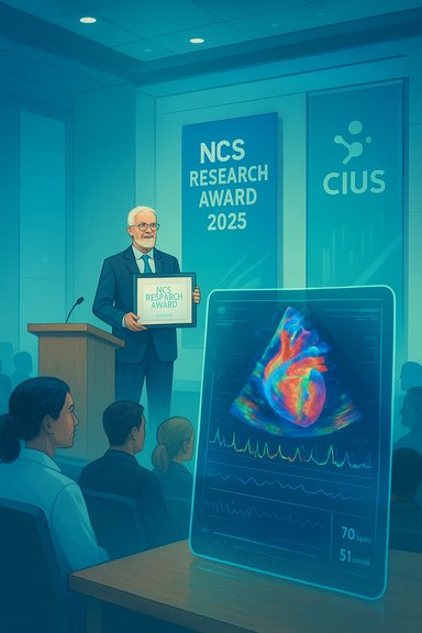 An older man in a suit accepts the NCS Research Award 2025 on stage, with a colorful 3D heart ultrasound display in the foreground. An older man in a suit accepts the NCS Research Award 2025 on stage, with a colorful 3D heart ultrasound display in the foreground.