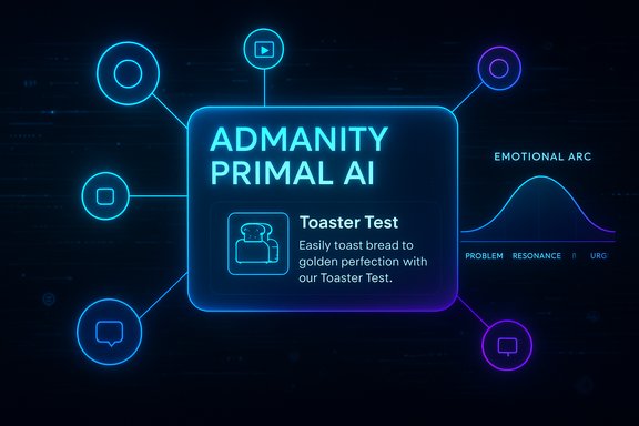 Neon AI infographic for Admanity Primal AI featuring Toaster Test and an emotional arc.