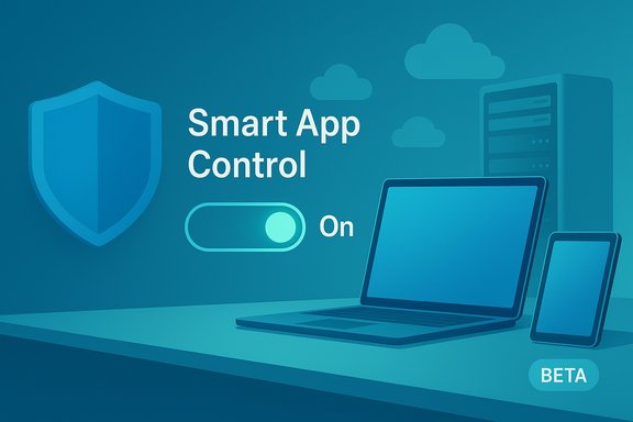 Smart App Control is ON, shown by a glowing toggle beside a shield and devices. Smart App Control is ON, shown by a glowing toggle beside a shield and devices.