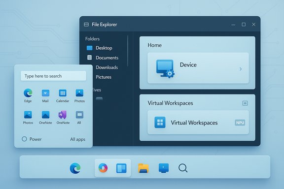 Blue, futuristic Windows-style desktop with File Explorer and a floating search panel.