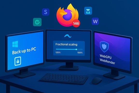 Three-monitor setup showing backup, fractional scaling, and WebGPU/WebRender with a Firefox icon.