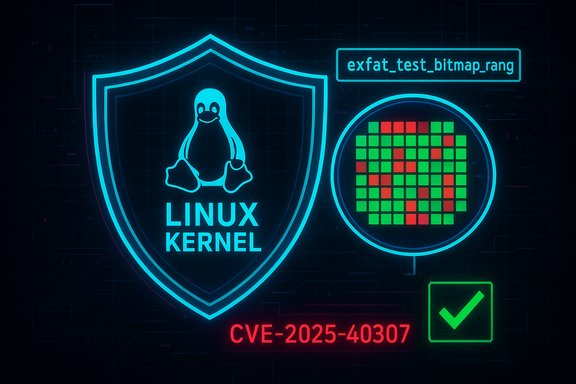 Neon Linux kernel shield with penguin and exFAT bitmap, labeled CVE-2025-40307.