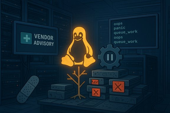 Glowing Linux penguin in a dark server room, beside vendor advisories and error signs.