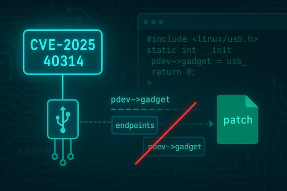 CVE-2025-40314 USB gadget vulnerability shown with code flow leading to a patch.